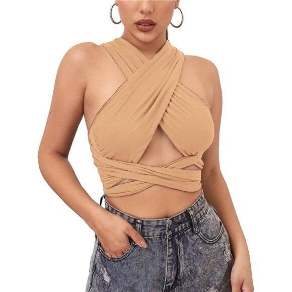 Khaki Multi Way Wrap‎ Halter Crop Top Backless Sexy Cutout Bandage Y2K Top - Picture 9 of 11